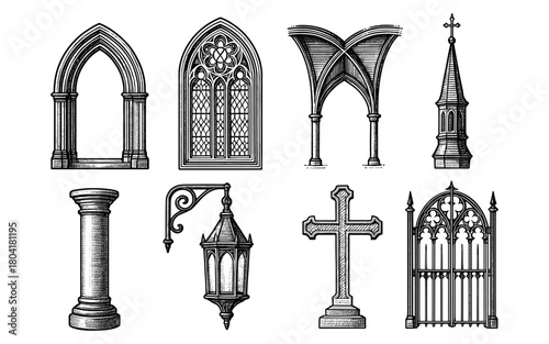 Intricate gothic architecture elements: detailed engravings of arches, windows, and columns