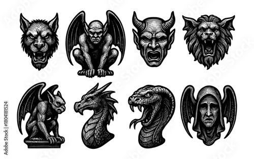 Intricate gargoyle and creature engravings in monochrome style
