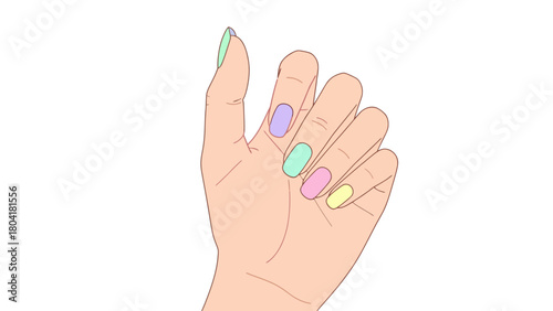 A hand with pastelcolored fingernails