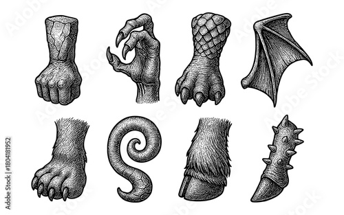 Set of mythical creature appendages in detailed vintage engraving style
