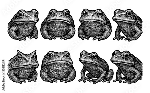 Intricate vintage style frogs collection in black and white