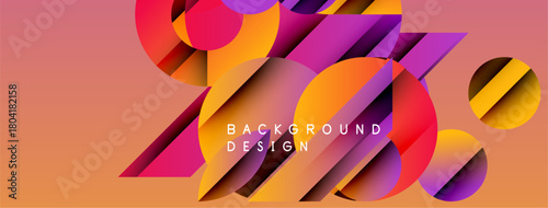Abstract geometric shapes overlap, creating vibrant color gradients. Orange background complements purple, pink, yellow elements. Modern design.