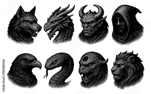 Intricate fantasy creature heads in detailed black and white engravings