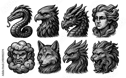 Intricate black and white mythical creature busts in engraved style