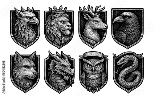 Intricate heraldic animal crests in monochrome style featuring lion, dragon, and more