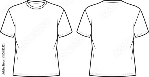 T-shirt, blank tee, short sleeve, fashion sketch, technical drawing, vector garment, apparel flat, front back view, CAD illustration, clothing design