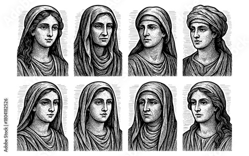 Vintage engravings of women in traditional headscarves with detailed line art