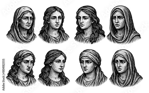 Engraved classical female figures with detailed expressions and hairstyles