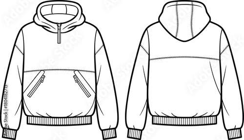 Pullover, hoodie, half zip, fashion sketch, technical drawing, vector garment, apparel illustration, front back view, CAD design, clothing flat