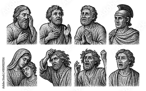 Intricate sketches of historical figures in expressive poses