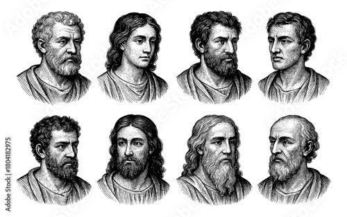 Antique engraved busts of historical figures in vintage style