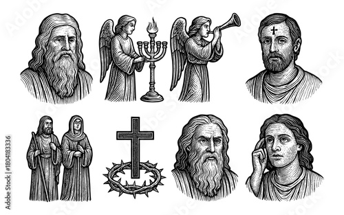 Religious figures and symbols in vintage engraved style with angels and crosses