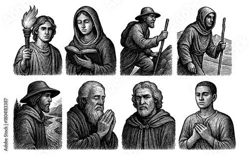 Medieval pilgrims and monks in detailed black and white engraving style