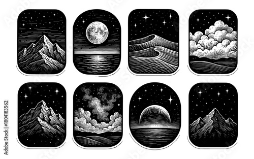 Night sky elements: mountains, moon, and clouds in vintage etching style