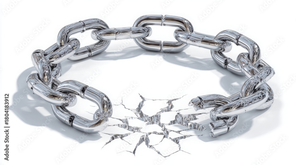 Obraz premium Metallic Broken Chain on White Background – Concept of Freedom, Breaking Barriers and Strength