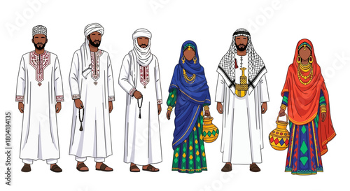 A diverse collection of Arab men and women dressed in traditional Middle Eastern and North African clothing