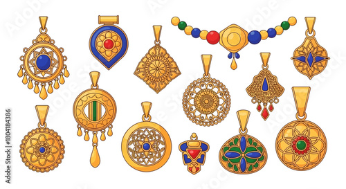 Collection of ornate golden pendants with intricate geometric and floral designs, perfect for jewelry making