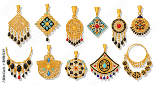Collection of antique gold pendants adorned with precious stones and intricate metalwork