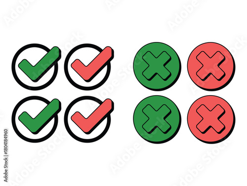 Four checkmarks and four crosses represent choices and decisions.