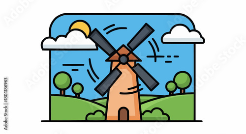 Whimsical windmill illustration set against a backdrop of rolling green hills, fluffy clouds, and a radiant sun isolated on