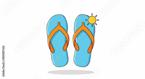 Pair of blue flip flops with orange straps and sun isolated on, ideal for summer vacation and beach vibes