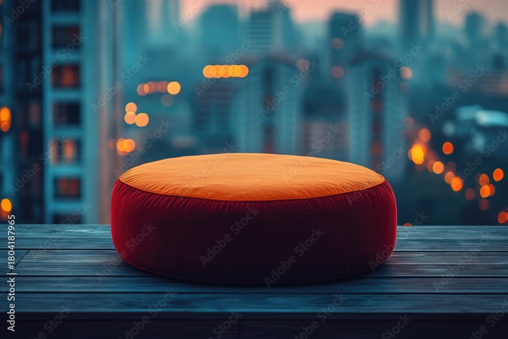 Obraz premium A vibrant orange and red pouf sits on a wooden deck, overlooking a beautiful city skyline with enchanting bokeh lights at dusk. Modern urban relaxation.