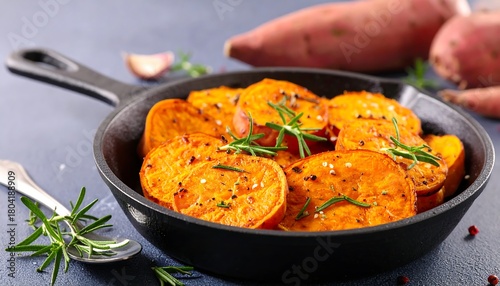 Roasted Sweet Potato Slices with Rosemary in a Cast Iron Pan.