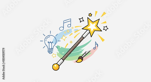 A magic wand with a star, light bulb, music note, and paintbrush, isolated on it represents creativity and inspiration