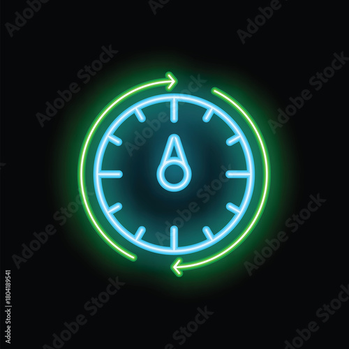 Neon sign of a clock with arrows surrounding it, representing time passing by
