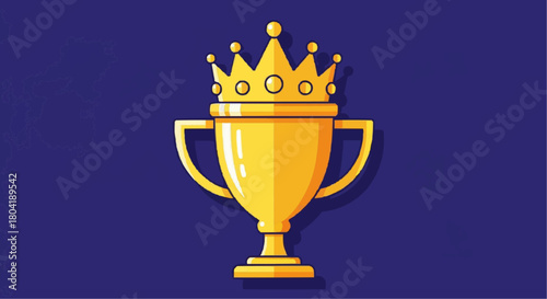 Illustration of a golden trophy with a crown on top on a blue background the trophy is shiny and has a regal appearance