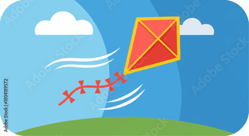 A red kite flying high in the sky with clouds and wind isolated on, representing freedom and outdoor fun