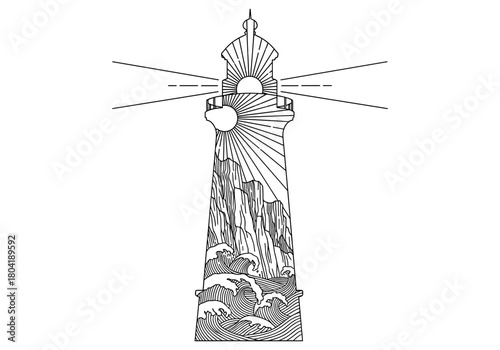 Intricate lighthouse design with waves and mountains in linear style