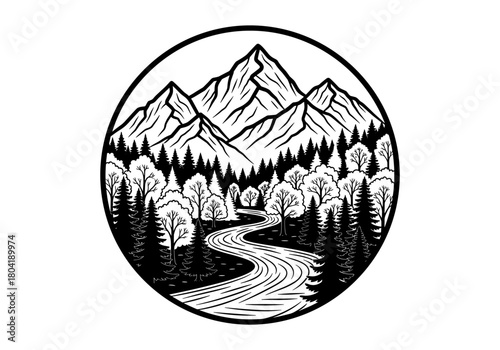 Monochrome mountain landscape with forest and river in circular composition