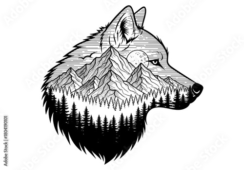 Wolf head with mountain forest in intricate black and white line art design