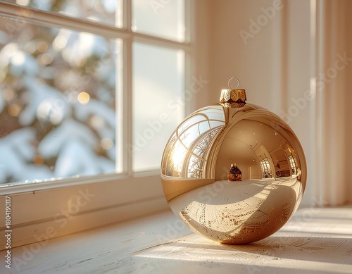 Elegant christmas balls and decoration featuring a single shiny gold bauble resting on a sunlit windowsill with a winter background
