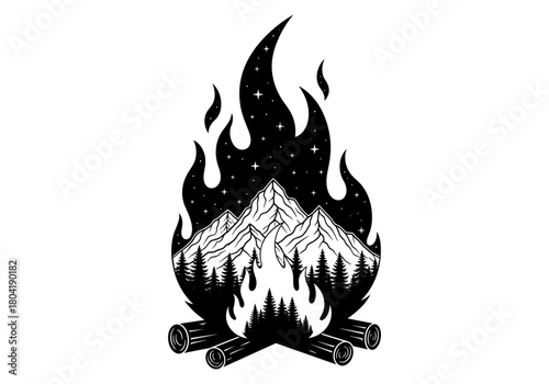 Mountain and forest scene within campfire silhouette design