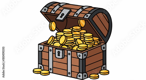 A treasure chest overflowing with gold coins, a symbol of wealth and adventure, isolated on a cartoon illustration of a pirates loot