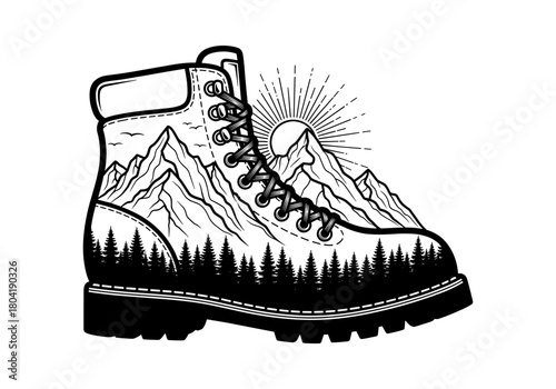 Adventure boot with mountain and forest artwork in black and white