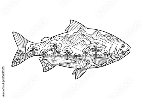 Nature-themed fish with landscape of mountains, trees, and river in intricate line art