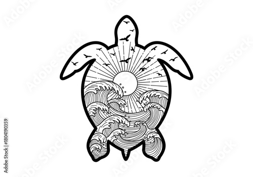 Abstract sea turtle design with ocean waves and birds in black and white