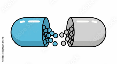A blue and gray capsule pill with granules spilling out isolated on, representing medicine and pharmaceutical science