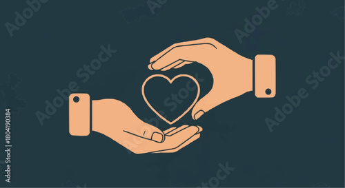 Two hands gently cradling a heart, symbolizing love, care, and support, set against a dark background with faint map outlines, conveying global unity