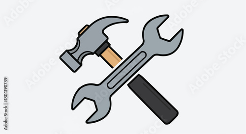 Illustration of a hammer and wrench crossed, symbolizing repair, construction, or maintenance isolated on