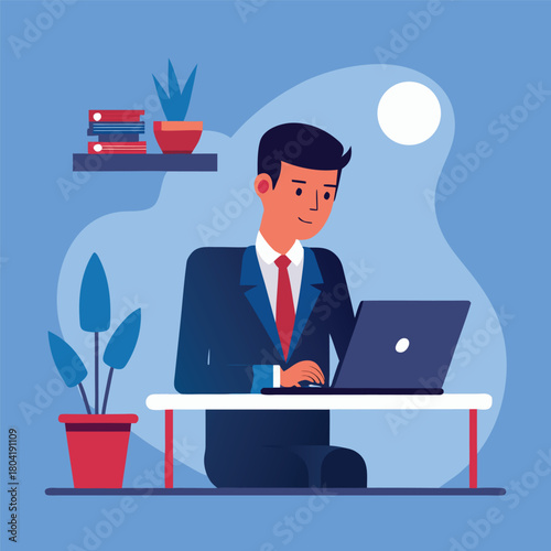 Professional man working remotely on laptop at desk in office, managing tasks and achieving corporate goals, modern flat illustration