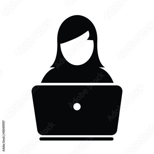 Female freelancer working on laptop – woman using computer silhouette icon