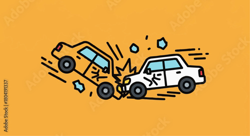 Cartoon illustration of a car crash with two cars colliding on an orange background, showing the impact and damage from the accident