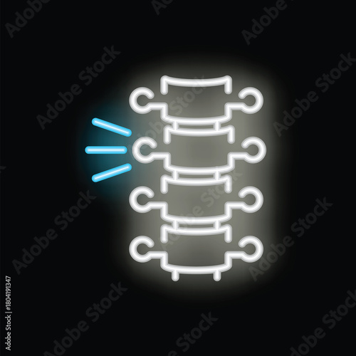 Blue neon light is illuminating a white spine with pain in the upper back on a black background