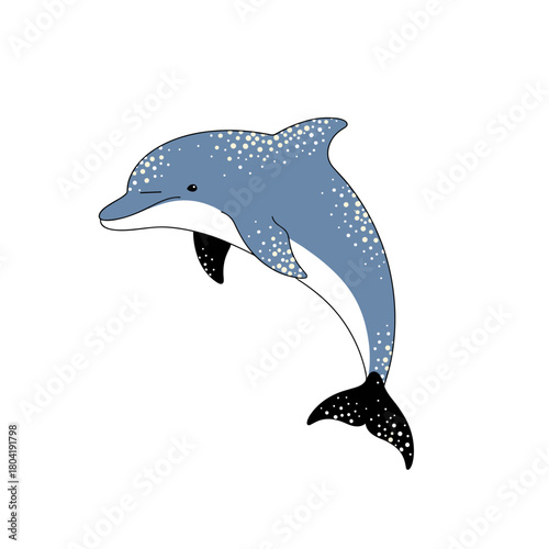 A beautiful blue dolphin gracefully leaping out of the clear ocean water with white speckled markings.