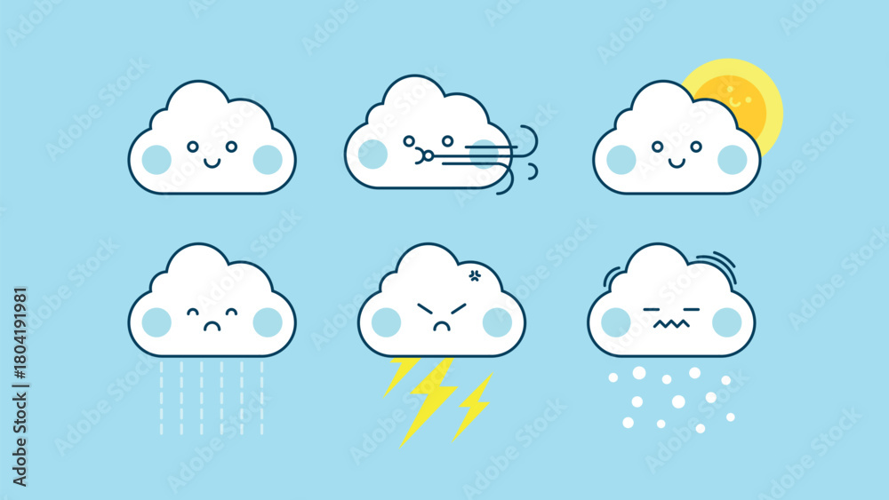 Obraz premium A set of cute vector cloud emoji icons showing different weather conditions, including sunny, windy, rainy, stormy, and snowy moods in a clean, playful style.