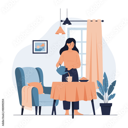 A woman pouring tea for herself in a cozy living room setting.